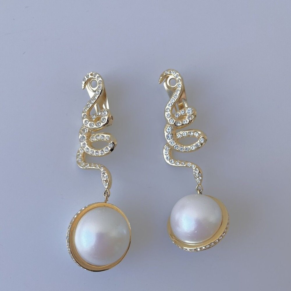 Singed Valentino White Pearl, Rhinestone & Gold Tone Drop Earrings